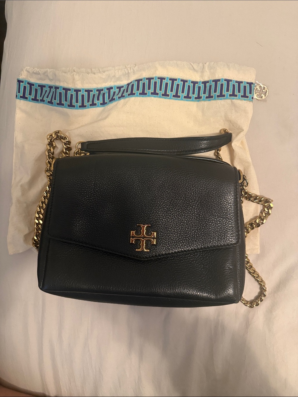 Tory Burch Black Leather Satchel with Gold Chain Strap